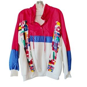 Vtg 80s Lavon Pullover Large Red White Windbreaker Flags 90s Retro International